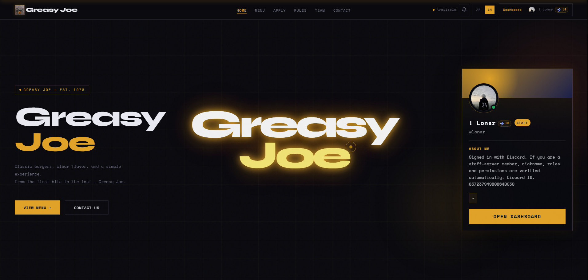 Greasy Joe Website & Staff Portal